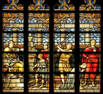 The martyrdom of Saint Pancras, Stained Glass Window, Grote Kerk, Dordrecht, Netherlands © Alamy stock photo / Christian Art