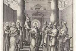 Christ in the temple of Jerusalem, portico of Solomon,  conceived by Fr Jerome Nadal and Bernardino Passeri,  Engraving by Hieronymus Wierix, 1593,  Antwerp. From Evangelicae Historiae Imagines