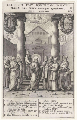 Christ in the temple of Jerusalem, portico of Solomon, conceived by Fr Jerome Nadal and Bernardino Passeri, Engraving by Hieronymus Wierix, 1593, Antwerp. From Evangelicae Historiae Imagines