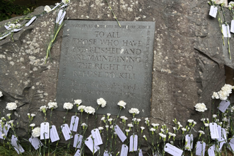 Conscientious Objectors memorial in Tavistock Square yesterday - covered in names of COs from around the world after yesterday's service