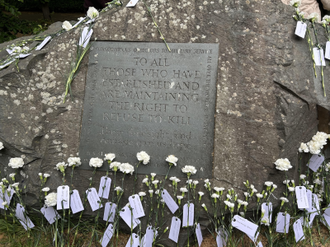 Conscientious Objectors memorial in Tavistock Square yesterday - covered in names of COs from around the world after yesterday's service