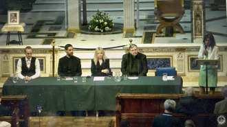Screenshot l-r: Matthew Sanders, Fr Michael Baggot, Jen Copestake, Fr Dominic Robinson and Dr Karen Singarayer during the panel discussion