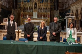 l-r: Matthew Sanders, Fr Michael Baggot, Jen Copestake, Fr Dominic Robinson and Dr Karen Singarayer. Image:  Diocese of Westminster