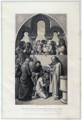 Baptism of Æthelberht, King of Kent, by St Augustine of Canterbury in 597,  based on painting by William Dyce RA, R Anderson, 1870  © Alamy