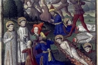 Artemius, Candida, and Paulina in front of Saints Marcellinus and Peter, from the Speculum Maius by Vincent of Beauvais, 13th century  © Alamy