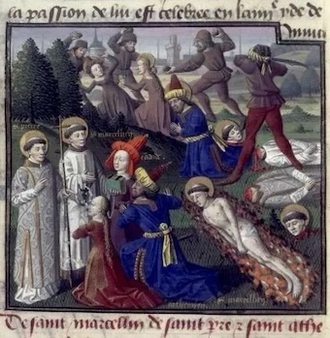 Artemius, Candida, and Paulina in front of Saints Marcellinus and Peter, from the Speculum Maius by Vincent of Beauvais, 13th century © Alamy
