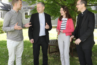 Bishop Fintan Gavin, Gerard Hanley, Miriam Goulding and Fr Stephen Wang at Intentional Young Adult Ministry gathering in Clongowes Wood College SJ, June 2024 CCO archive
