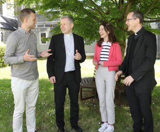 Bishop Fintan Gavin, Gerard Hanley, Miriam Goulding and Fr Stephen Wang at Intentional Young Adult Ministry gathering in Clongowes Wood College SJ, June 2024 CCO archive