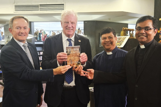 l-r: John Pontifex of Aid to the Church in Need (ACN), 'Another Country' author Sir Edward Leigh MP, Fr John Gilbert, Editor of St Paul Publishing, UK, and Fr Shinto Joseph, Administrator, St Paul's Bookshops UK (Image: © ACN)