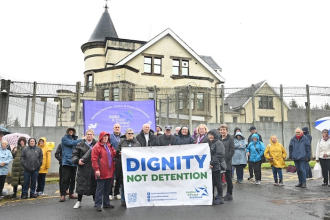 Archbishop Nolan with J&P Scotland campaigners gathered outside Dungavel Detention Centre