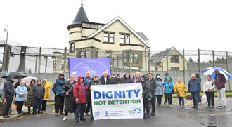 Archbishop Nolan with J&P Scotland campaigners gathered outside Dungavel Detention Centre