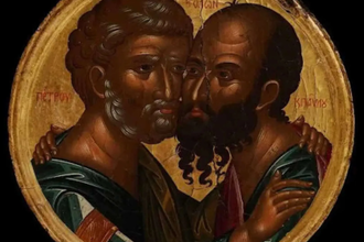 The Embrace of the Apostles Peter and Paul,  Cretan school, Angelos Akotantos,  Painted first half 15th century, © C Krimbas Collection, Athens