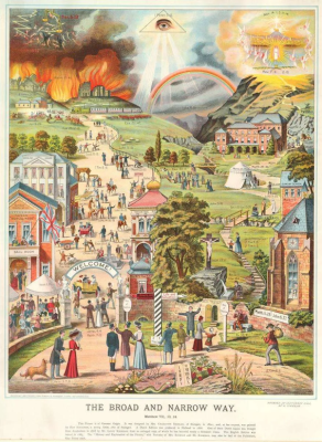 "The Broad and the Narrow Way", English version of the German pietist image 'Der schmale und der breite Weg', anonymous artist, published by Gawin Kirkham, printed by Headly Brothers, 1883 © Alamy