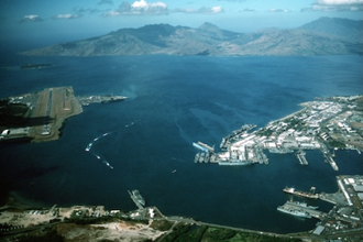 Aerial view of US Navy Naval Station Subic Bay, Philippines, 1990. Image public domain