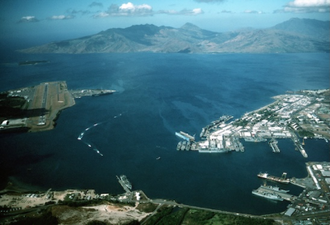 Aerial view of US Navy Naval Station Subic Bay, Philippines, 1990. Image public domain