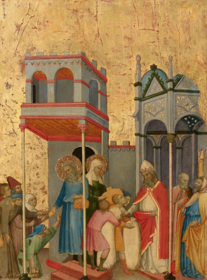 Joachim and Anna Giving Food to the Poor and Offerings to the Temple,  by Andrea di Bartolo,  1405 © National Gallery of Art, Washington