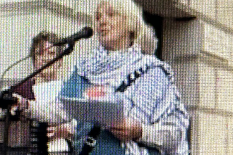 Rev Maggie Hindley at Foreign Office Memorial Prayers for Gaza