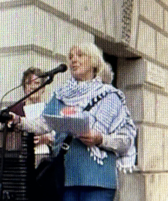 Rev Maggie Hindley at Foreign Office Memorial Prayers for Gaza