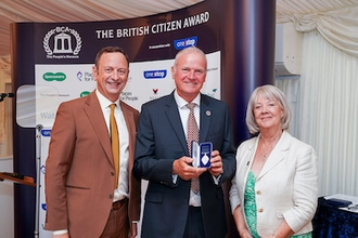 Matt Allwright, Russell Fairman BCAv, Dame Mary Perkins, Specsavers at award ceremony