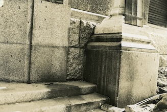 Shadow on steps of Sumitomo Bank Company, Hiroshima  1945. Photo by US Armed Forces.