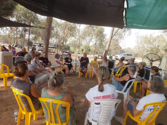 Rabbi Avi speaking at Mothers Against the War encampment on Gaza border
