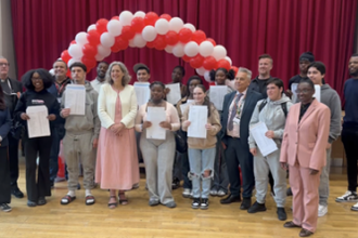 Cardinal Pole students open GCSE results with Mayor of Hackney, Caroline Woodley,  Deputy Mayor, Anntoinette Bramble and Cllr Anya Sizer. Image: Cardinal Pole Catholic School