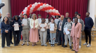 Cardinal Pole students open GCSE results with Mayor of Hackney, Caroline Woodley,  Deputy Mayor, Anntoinette Bramble and Cllr Anya Sizer. Image: Cardinal Pole Catholic School