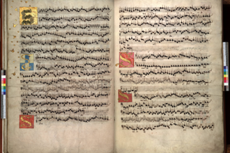 Arundel Choir Book depicting Sanctus from Robert Fayrfax Mass setting.  Published with permission from Lambeth Palace Library