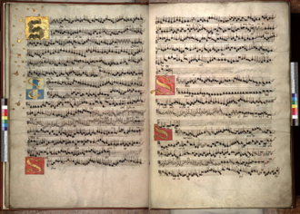 Arundel Choir Book depicting Sanctus from Robert Fayrfax Mass setting. Published with permission from Lambeth Palace Library