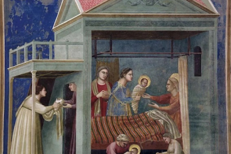 Scenes from the Life of the Virgin: The Birth of the Virgin, fresco by  Giotto di Bondone 1306  © Cappella Scrovegni, Padua