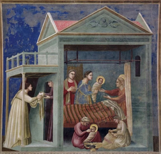 Scenes from the Life of the Virgin: The Birth of the Virgin, fresco by  Giotto di Bondone 1306  © Cappella Scrovegni, Padua