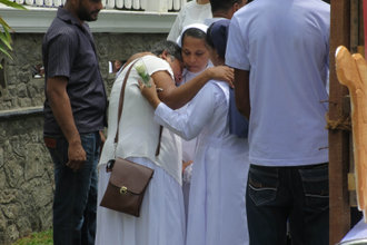 Outside Mass at St Sebastian's Church, Negombo, Sri Lanka three months after 2019 bombing ©ACN