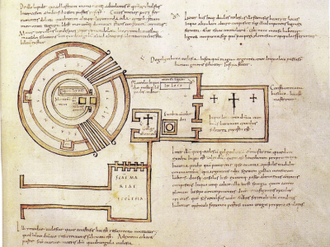 Plan of Church of the Holy Sepulchre from Adomanàn's De locis santis, 7th C. Copy in the Zurich manuscript - oldest known floor plan of the Holy Sepulchre © Vienna, Österreichische National