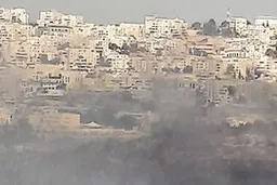 Illegal settlement dominates horizon as smoke rises over torched olive grove. Image: EI/PTS