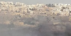 Illegal settlement dominates horizon as smoke rises over torched olive grove. Image: EI/PTS