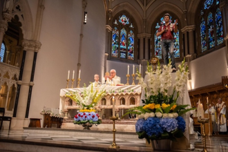 The Mass Our Lady of Dolours church in Fulham - with the new statue of St Carlo Acutis