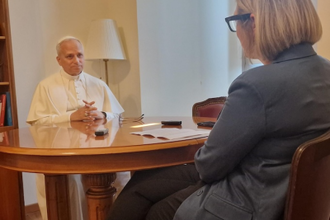 Pope Leo XIV speaks with Elise Ann Allen of Crux on July 30, 2025. Image: Crux Photo