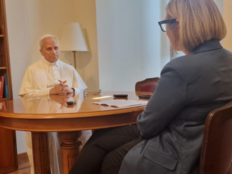 Pope Leo XIV speaks with Elise Ann Allen of Crux on July 30, 2025. Image: Crux Photo