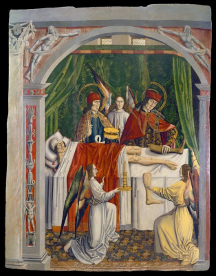 A verger's dream - Saints Cosmas and Damian performing a miraculous cure by transplantation of a leg by the Master of Los Balbases, circa 1495, © Wellcome Library, London
