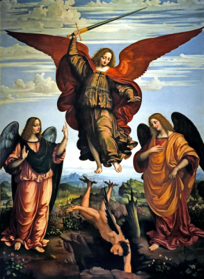 The Three Archangels, Gabriel, Michael, Raphael by Marco d'Oggiono, 1517 © Pinacoteca di Brera, Milan, Italy