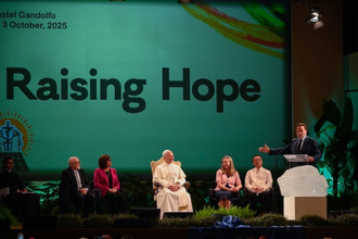 Arnold Schwarzenegger at the Raising Hope conference Castel Gandolfo today. Image: X