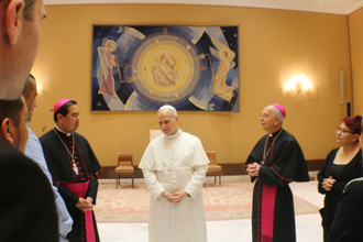 Pope Leo with Bishop Celino, Bishop Seitz and  members of the Hope Border Institute