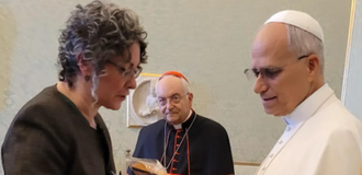 Dr Caroline Hull with Pope Leo
