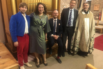 l-r: Alessandro Romano, Patricia Hammond, Richard Hills, Peter Hammond and Fr Clive Lee.