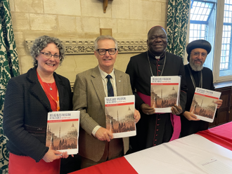 l-r: Dr Caroline Hull, ACN director,  Brendan O'Hara MP, Bishop John Bakeni and Archbishop Angaelos