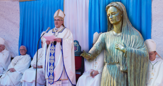 Cardinal Pizzabella during Mass at the Shrine of Our Lady of Palestine in Deir Rafat. Image: LPJ