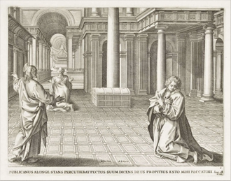 The Pharisee and the Tax Collector Printed by Anonymous Printmaker, after Adriaen Collaert, Lucas and Martin De Vos, Dutch, issued in 1643 © Rijksmuseum, Amsterdam
