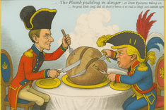 James Gillray's 1805 cartoon of British PM Pitt the Younger and Emperor Napoleon sharing out the 'plum pudding' of the World  updated  to portray Donald Trump and Tony Blair carving up Gaza