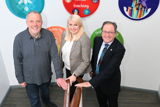 Michael Mogan, Laura Burtonwood and Gordon Rutherford at Cardinal Wiseman Catholic School