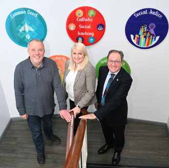 Michael Mogan, Laura Burtonwood and Gordon Rutherford at Cardinal Wiseman Catholic School
